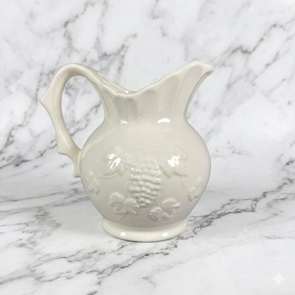 1950s Artmark Japan White Ceramic Pitcher Grape Leaf Embossed FLAW READ